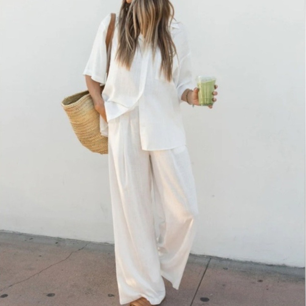 Solai The Label Linen Blend Set Sz XL Off White Ivory Vacation Top Shirt Pants